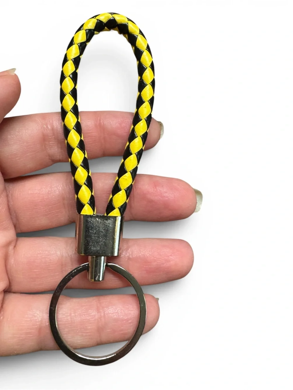 Braided Black Yellow Leather Keychain NIP